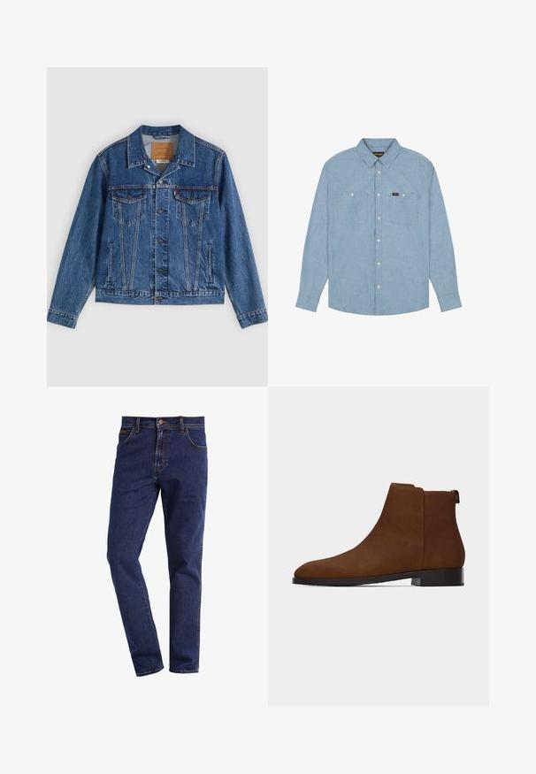 Veste en jean bleue au design classique, comportant deux poches poitrine, des poches latérales et des boutons métalliques. Détails de coutures distinctifs.; Chemise en jean bleu clair à manches longues avec deux poches poitrine et boutons blancs, dotée d'un col classique et d'une étiquette de la marque Wrangler.; Jean en denim droit bleu foncé avec poches avant, fermeture par bouton, passants de ceinture et coutures visibles.; Bottine en daim marron à talon bas, bout arrondi et languette à l'arrière, présentée de profil sur un fond blanc.