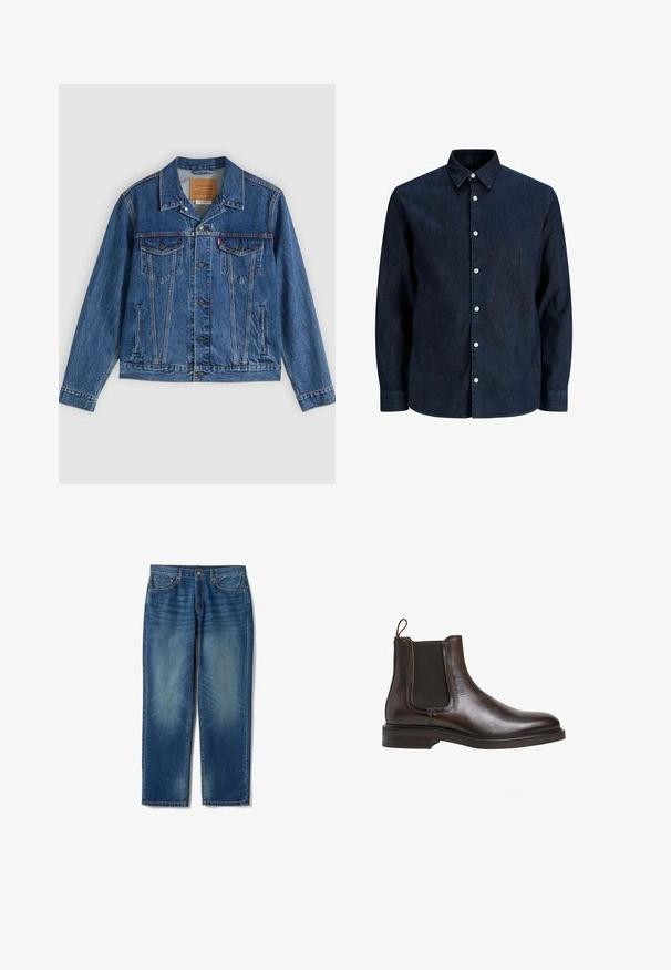Chaqueta vaquera azul con un diseño clásico, que cuenta con dos bolsillos en el pecho, bolsillos laterales y botones metálicos. Detalles distintivos de costura.; Camisa vaquera de manga larga en azul oscuro con botones blancos y cuello puntiagudo, mostrada sobre un fondo blanco.; Vaqueros vaqueros azules con ajuste de pierna recta, cinco bolsillos, cierre de botón y cremallera, y ligero desgaste en muslos y rodillas.; Botín Chelsea de cuero marrón con paneles laterales elásticos, tirador en bucle y un tacón bajo apilado. Textura suave y silueta elegante.