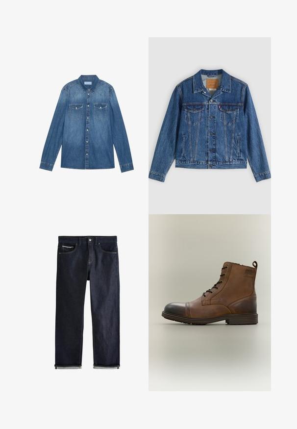 Denimjakke i blå med et klassisk design, der har to brystlommer, sidelommer og metalliske knapper. Karakteristiske syningdetaljer.; Mørkeblå denimskjorte med lange ærmer, klassisk krave, knaplukning fortil, to brystlommer og kontrasterende stiklinger på sømmene.; Mørkeblå denimjeans med en klassisk lige pasform, der har fem lommer, knaplukning og op rullede manchetter, som viser en lys blå foring.; Brun læderstøvle med snørebånd, sort tåhætte, rund sål og mærket detalje på siden mod ensfarvet baggrund.