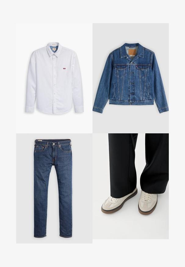 Jeansjacke in Blau mit klassischem Design, ausgestattet mit zwei Brusttaschen, Seitentaschen und metallischen Knöpfen. Markante Steppnähte.; Weißes, langärmliges Hemd mit Knopfverschluss aus Baumwolle. Verfügt über einen spitzen Kragen und ein kleines rotes Levi's-Logo auf der linken Brust. Glatte Textur.; Dunkelblaue Denim-Jeans mit geradem Bein. Merkmale sind Vordertaschen, ein Metallknopfverschluss und kontrastierende gelbe Nähte.; Füße mit beigen Sneakers mit braunen Sohlen und schwarzen Hosen mit weitem Bein auf weißem Hintergrund.