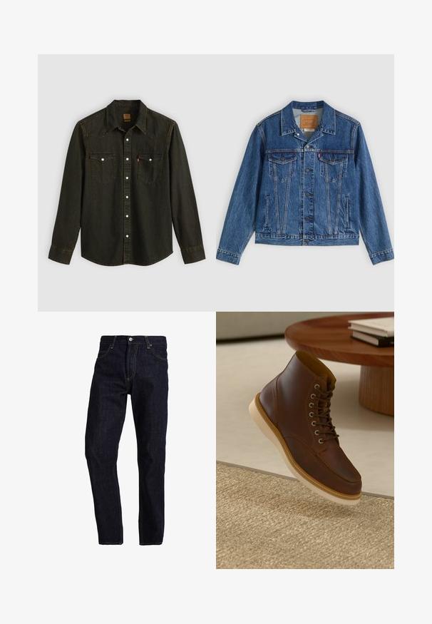 Spijkerjasje in blauw met een klassiek ontwerp, voorzien van twee borstzakken, zijzakken en metalen knopen. Kenmerkende stiksel-details.; Zwart denim overhemd met lange mouwen, puntige kraag, twee borstzakken, zilveren knopen en gele stiksels. Klassiek westers ontwerp.; Donkerblauwe spijkerbroek met een rechte pasvorm, voorzien van gele stiksels, vijf zakken en een klassieke knoop- en ritsluiting.; Bruine leren enkelboot met beige zool op een gestructureerd beige vloerkleed naast een ronde houten tafel met opgestapelde boeken.
