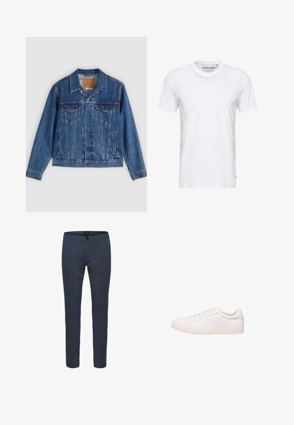 Chaqueta vaquera azul con un diseño clásico, que cuenta con dos bolsillos en el pecho, bolsillos laterales y botones metálicos. Detalles distintivos de costura.; Camiseta de manga corta blanca, hecha de algodón, con cuello redondo y un diseño sencillo. Etiqueta de la marca visible en la zona del cuello. Sin patrones ni detalles.; Pantalones ajustados de color azul oscuro, confeccionados en tela, con cierre de botón, bolsillos delanteros y un diseño entallado. Textura suave con un ligero brillo.; Zapatilla blanca de corte bajo con cierre de cordones y suela plana, mostrada en perfil lateral sobre un fondo blanco.