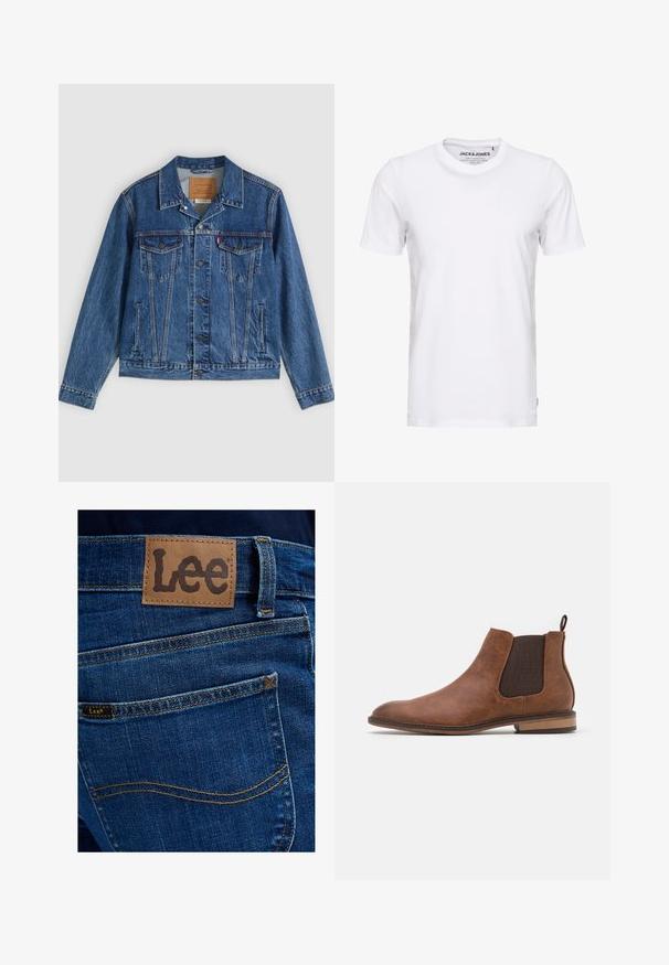 Veste en jean bleue au design classique, comportant deux poches poitrine, des poches latérales et des boutons métalliques. Détails de coutures distinctifs.; T-shirt blanc à manches courtes en coton, avec un col rond et un design simple. Étiquette de marque visible au niveau du cou. Aucun motif ni accent.; Vue arrière d'un jean en denim bleu avec un patch en cuir beige et une petite étiquette en tissu, affichant toutes deux le nom de la marque Lee au-dessus de la poche arrière.; Botte Chelsea en cuir marron avec des panneaux élastiques sur les côtés, bout arrondi et languette. Présente une finition texturée et un petit talon en bois.