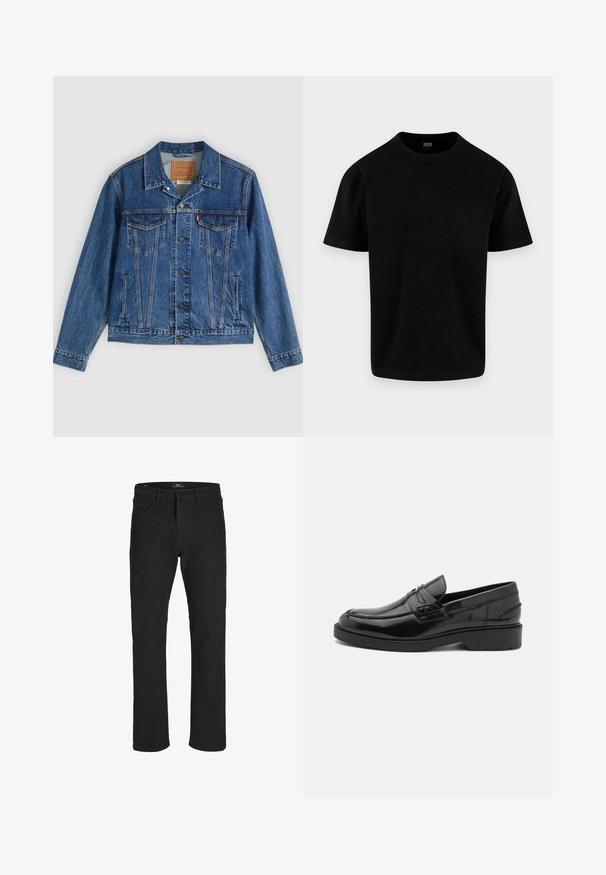 Jeansjacke in Blau mit klassischem Design, ausgestattet mit zwei Brusttaschen, Seitentaschen und metallischen Knöpfen. Markante Steppnähte.; Schlichtes schwarzes Kurzarm-Baumwoll-T-Shirt mit Rundhalsausschnitt und regulärer Passform, dargestellt auf einem hellgrauen Hintergrund.; R.D.D. ROYAL DENIM DIVISION Regular fit RDD Royal Selvedge RE 330 Relaxed - Jeans Straight Leg - black denim; Schwarze Lederloafers mit glatter Oberfläche, abgerundetem Zehenbereich, niedrigem Absatz und dekorativer Naht entlang der Vorderseite. Gummisohle für guten Halt.