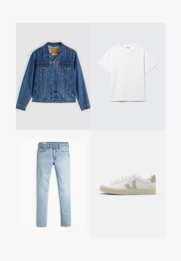 Denimjakke i blå med et klassisk design, der har to brystlommer, sidelommer og metalliske knapper. Karakteristiske syningdetaljer.; Hvid kortærmet crewneck T-shirt lagt fladt ud, ensfarvet design, med "WEEKDAY" mærkat inde i kraven på en lys baggrund.; Lysblå slim-fit denimjeans med knap- og lynlås-lukning, forlommer og bæltestropper på hvid baggrund.; Hvide lædersneakers med beige detaljer, flad gummisål, rund tå og kontrasterende logo på siden og bagsiden. Snørebåndsdesign.