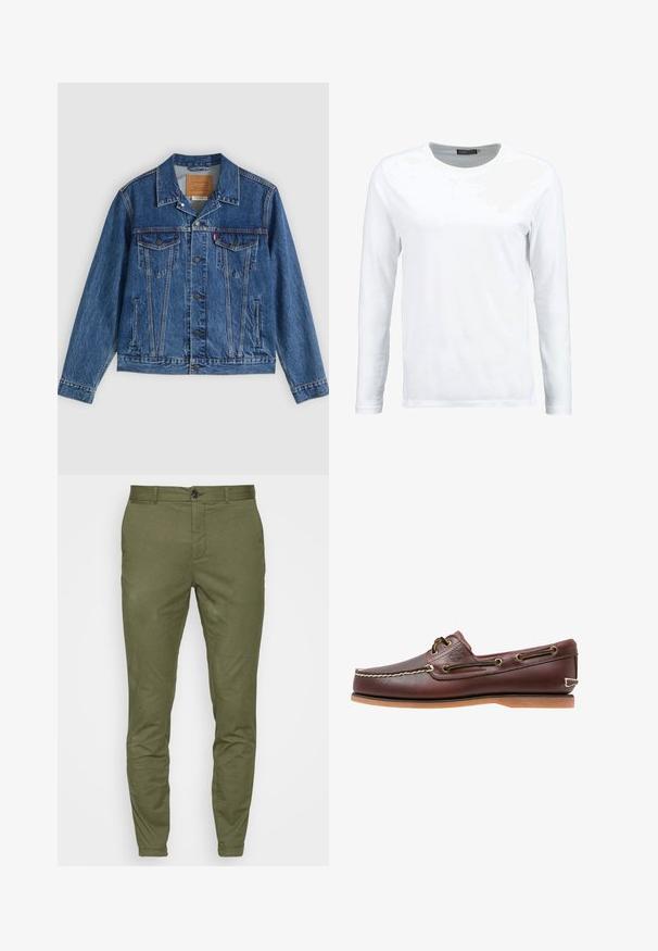 Spijkerjasje in blauw met een klassiek ontwerp, voorzien van twee borstzakken, zijzakken en metalen knopen. Kenmerkende stiksel-details.; Witte langemouwen T-shirt gemaakt van katoen, met een ronde hals en een gladde textuur. Geen patronen of accenten. Eenvoudig ontwerp.; Olijfgroene chino's met een slim-fit ontwerp, voorzien van een voorste knoopsluiting, ceintuurlussen en een gladde, middelzware stoftextuur.; Bruine leren bootschoen met witte stiksels, veterdetails en beige rubberen zool, zijaanzicht op een witte achtergrond.