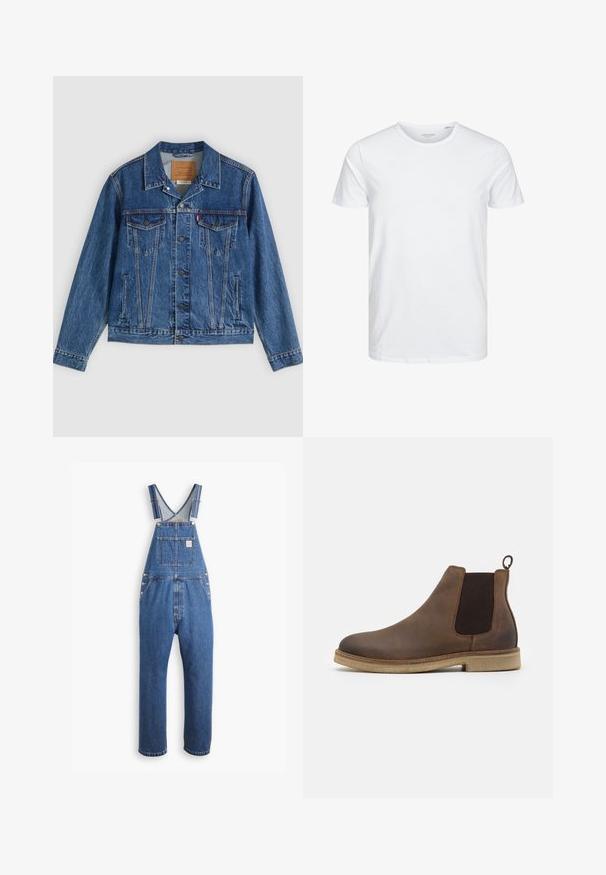 Spijkerjasje in blauw met een klassiek ontwerp, voorzien van twee borstzakken, zijzakken en metalen knopen. Kenmerkende stiksel-details.; Ronde hals kortemouwen t-shirt in effen wit, gemaakt van zachte katoen, heeft een eenvoudig ontwerp zonder zichtbare patronen of accenten.; Denim tuinbroek in medium blauw, met verstelbare schouderbanden, een borstzak en metalen hardware. Het heeft een relaxte pasvorm en een recht model.; Bruine leren Chelsea-boot met elastische zijkanten, ronde neus, lusje aan de achterkant en een lichtbruine gestructureerde zool.
