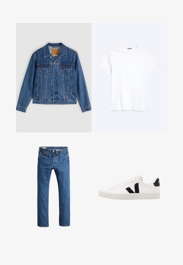 Spijkerjasje in blauw met een klassiek ontwerp, voorzien van twee borstzakken, zijzakken en metalen knopen. Kenmerkende stiksel-details.; Effen witte T-shirt met korte mouwen en ronde hals met een zichtbaar WEEKDAY-merklabel bij de nek, weergegeven op een lichte achtergrond.; Blauwe denim jeans met een recht gesneden ontwerp, voorzien van een sluiting met knopen aan de voorkant, riemlussen en klassieke vijf-pocket styling.; Witte leren sneaker met zwarte suède accenten; voorzien van een rubberen zool, ronde neus en een klassieke vetersluiting. Zijkant met logo in het zwart.