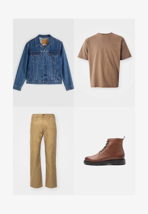 Jeansjacke in Blau mit klassischem Design, ausgestattet mit zwei Brusttaschen, Seitentaschen und metallischen Knöpfen. Markante Steppnähte.; Braunes Baumwoll-T-Shirt mit Rundhalsausschnitt, kurzen Ärmeln und einem dezenten gestickten Logo auf der linken Brustseite. Glatte Textur, lockerer Schnitt.; Khakihosen aus Baumwolle. Gerader Schnitt mit einem Bund und Fronttaschen. Verfügt über eine einzelne Gesäßtasche und subtile Nähdetails.; Braune Lederstiefeletten mit einer runden Zehenpartie, Schnürung vorne und schwarzer Gummisohle. Mit einer Schlaufe an der Rückseite für einfaches Anziehen.