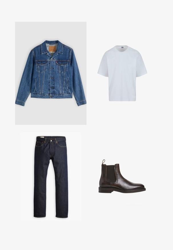 Denimjakke i blå med et klassisk design, der har to brystlommer, sidelommer og metalliske knapper. Karakteristiske syningdetaljer.; Hvid bomulds T-shirt med rund halsudskæring, korte ærmer og lige snit. Har subtile syningsdetaljer på skuldrene.; Mørkeblå denimjeans med lige ben, orange syninger og fem lomme-design med metalspænde.; Brune læder Chelsea støvle med elastiske sidepaneler, løkke til at trække op med, og en lav stablet hæl. Glat tekstur og slank silhuet.