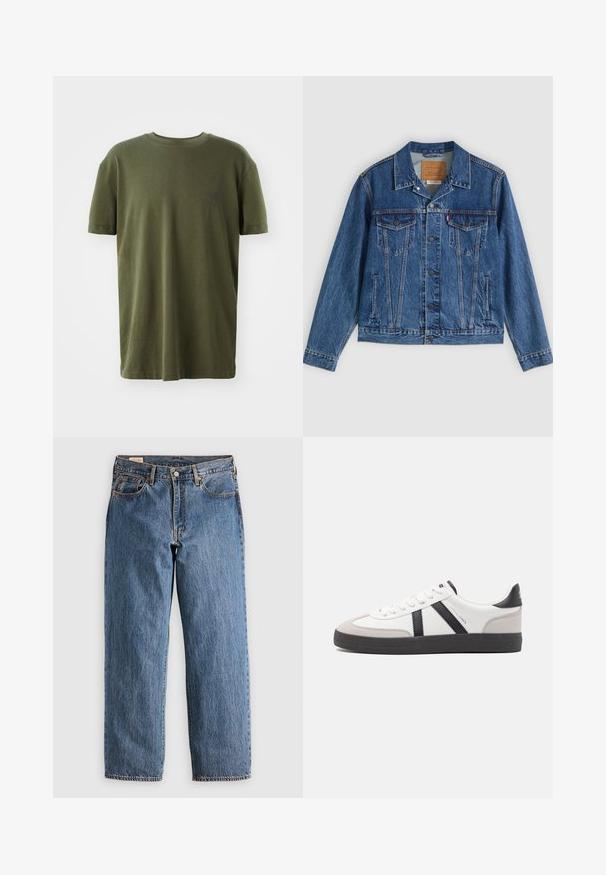 Veste en jean bleue au design classique, comportant deux poches poitrine, des poches latérales et des boutons métalliques. Détails de coutures distinctifs.; T-shirt vert olive en coton, à manches courtes, col rond, avec un petit logo imprimé en bleu foncé sur la poitrine gauche.; Jeans en denim bleu avec une coupe droite, présentant une taille haute, des rivets en cuivre et des coutures orange. Poches avant et arrière incluses.; Baskets blanches avec des accents noirs et gris, présentant un embout texturé gris, une semelle en caoutchouc noir et des lacets plats blancs. Design épuré, style minimaliste.