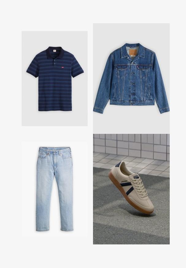 Jeansjacke in Blau mit klassischem Design, ausgestattet mit zwei Brusttaschen, Seitentaschen und metallischen Knöpfen. Markante Steppnähte.; Navyblaues Polohemd mit horizontalen Streifen, kurzen Ärmeln, Kragen und einer Drei-Knopf-Leiste. Es hat ein kleines Logo auf der Brust.; Helle blaue Denim-Jeans mit geradem Bein, im Fünf-Taschen-Stil und kontrastierenden Nähten. Knopf- und Reißverschluss an der Taille.; Beige Sneaker mit strukturierter Oberfläche, dunkelblauen Streifen und Gummisohle. Verfügt über eine gepolsterte Zunge und ein traditionelles Schnürsystem für einen sicheren Sitz.