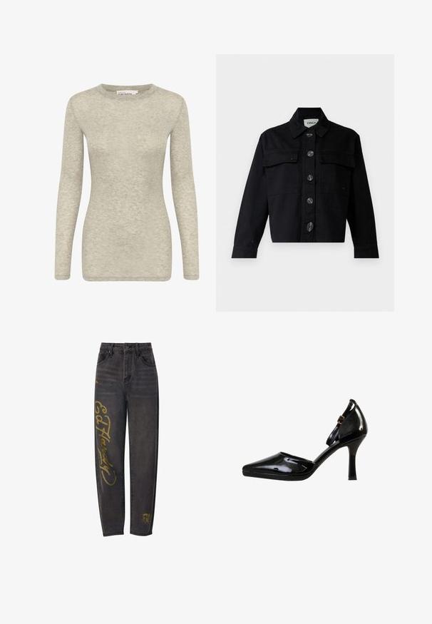 Chaqueta de mezclilla negra con un collar clásico, bolsillos frontales y grandes botones. El diseño es corto, tiene mangas largas y un ajuste estructurado.; Top de manga larga en gris claro, hecho de una tela suave y texturizada. Presenta un escote redondo y una silueta ajustada. Diseño simple y versátil.; Jean de mezclilla negro con impresión en dorado en la pierna izquierda. Diseño clásico de cinco bolsillos, forma de pierna recta, textura ligeramente desgastada.; Zapato de tacón alto de charol negro con punta afilada y correa en el tobillo con una pequeña hebilla dorada, mostrado de perfil.