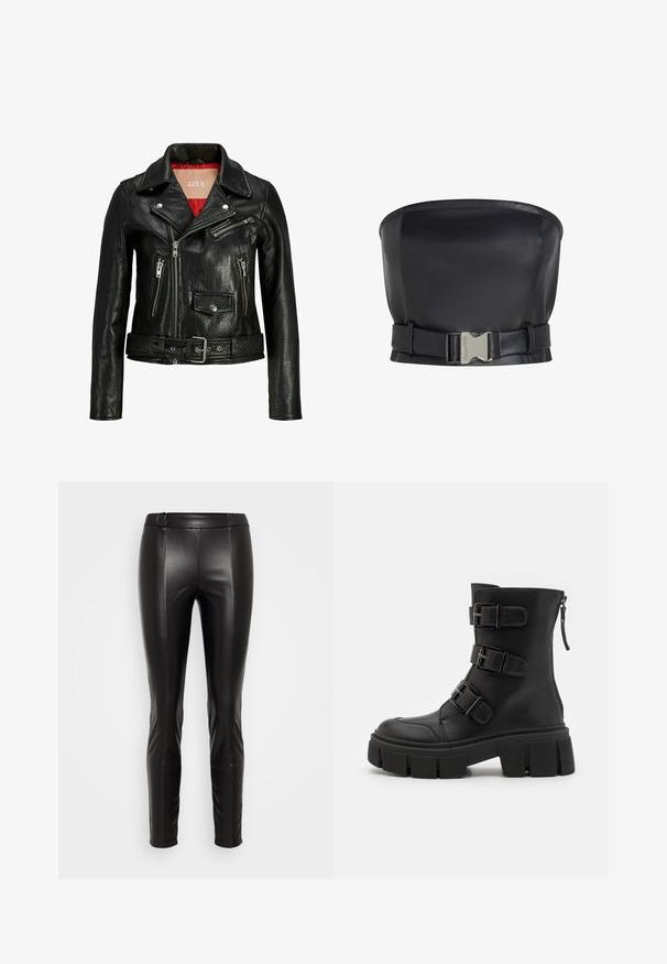 JJXX BIKER JXHOLLY - Kožená bunda - black; Čierny kožený top bez ramienok so štruktúrovaným dizajnom, ktorý má predné zapínanie na sponu a hladkú, jemnú textúru.; Čierne legíny z umelého kože s elastickým pásom, priliehavým strihom, hladkou textúrou a švom, ktorý vedie stredom. ; Even&Odd by Zalando Kovbojská/motorkárska členková čižma - black