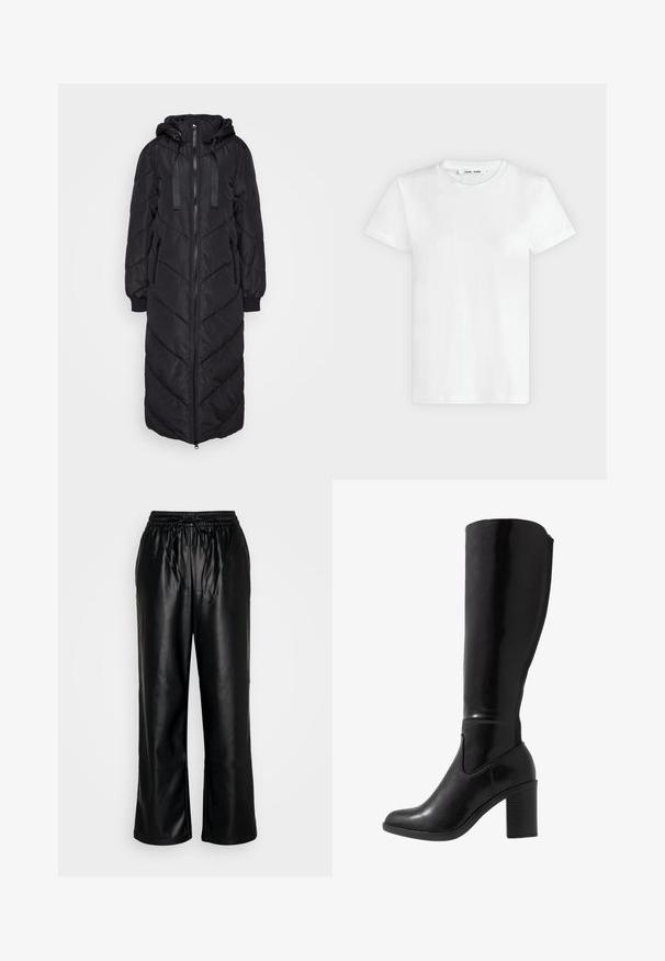 Long manteau matelassé noir avec capuche, doté d'une fermeture éclair à l'avant, de poignets élastiques et de motifs en chevrons. Texture lisse et matelassée.; T-shirt blanc uni à manches courtes et col rond, posé à plat sur un fond gris clair, montrant le devant avec l'étiquette à l'intérieur du col.; GAP PULL ON WIDE LEG - Pantalon classique - true black; Bottes noires à talons vernies hauteur genou, avec un bout arrondi, une texture lisse, un détail de découpe sur le côté et un talon empilé chunky.