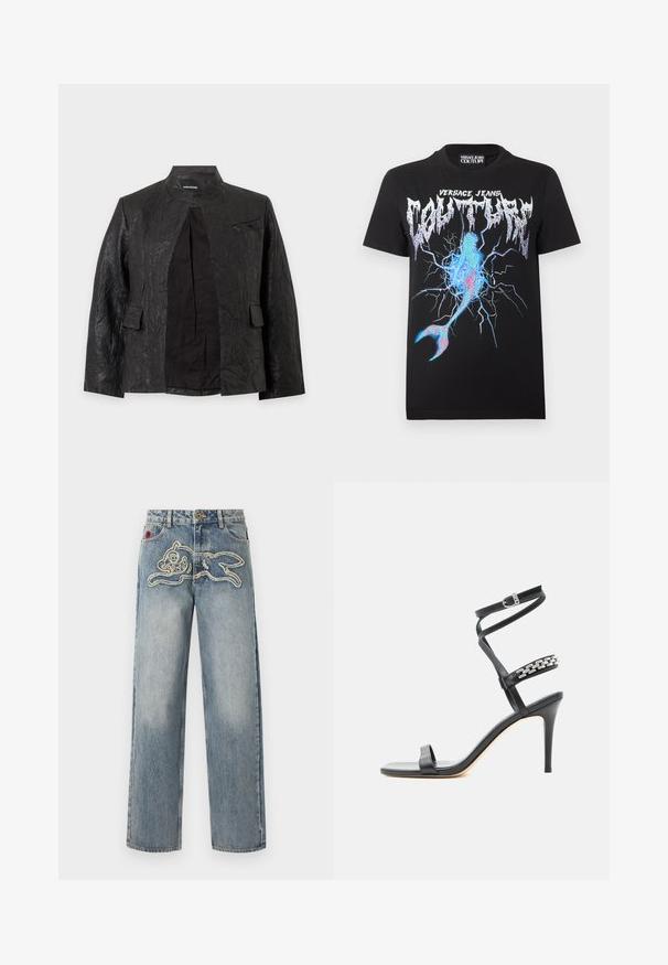Zwarte leren jas met textuur, bandkraag, voorzakken met klep en een gedeeltelijk open voorkant die de binnenvoering toont.; Zwart Versace Jeans Couture T-shirt met metalen logo en blauwe, roze bliksemgrafiek die lijkt op een gebarsten oppervlak en een zeemeerminstaart.; Spijkerbroek met wijde pijpen en een gestikte afbeelding van een springend konijn over het voorste bovenbeen.; Zwarte sandaal met hoge hak, smalle enkelband, middenvoetband versierd met zilveren schakels en een open teenontwerp.