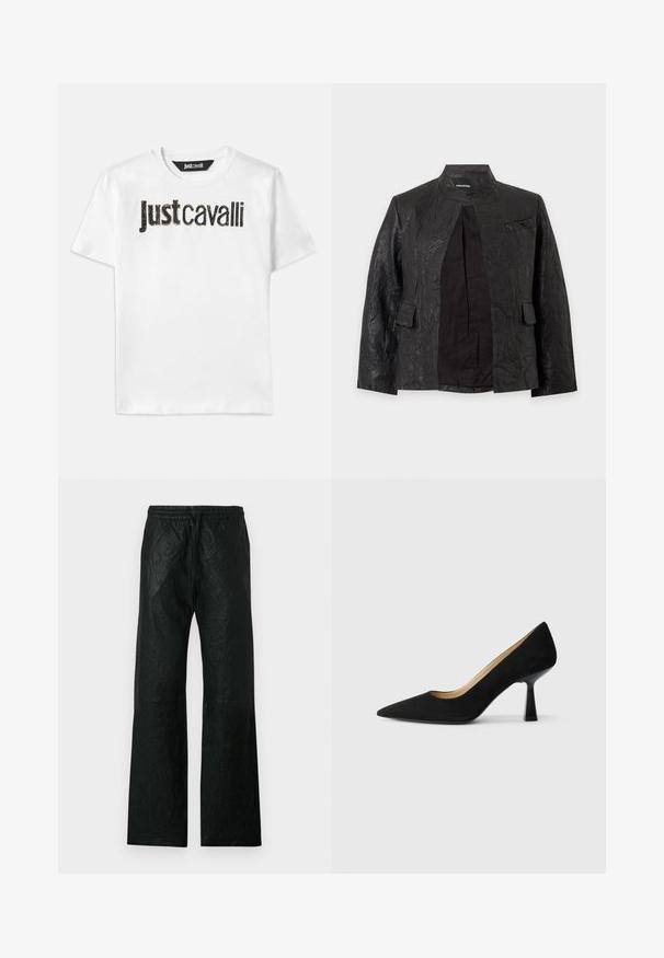 Chaqueta de cuero negra con textura, con cuello tipo band, bolsillos delanteros con solapa y un frontal parcialmente abierto que muestra el forro interior.; Camiseta de algodón blanca con el texto "Just Cavalli" en negro y un acabado texturizado. Cuello redondo clásico y mangas cortas.; Pantalones negros de talle alto y pierna ancha con cintura elástica y cordón, con un material texturizado similar al cuero, ligeramente arrugado.; Zapato de tacón alto de ante negro con punta afilada, que cuenta con un tacón de bloque negro brillante y un forro interior suave.
