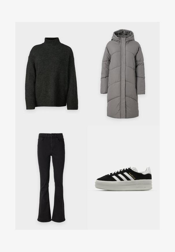 Abrigo puffer largo color gris con capucha, que presenta un diseño acolchado y líneas de costura visibles. El material parece suave y acolchado.; Vero Moda Tall VMMADDIE HIGHNECK PULL - Jersey de punto - dark grey melange; Jeans de mezclilla negra acampanados con cintura alta, que cuentan con cinco bolsillos y un cierre de botón resistente. Textura suave con un ligero estiramiento.; Zapatillas negras de ante con detalles en cuero blanco, tres rayas blancas, cordones planos y una gruesa suela de plataforma gris. Marca "Gazelle" en dorado.