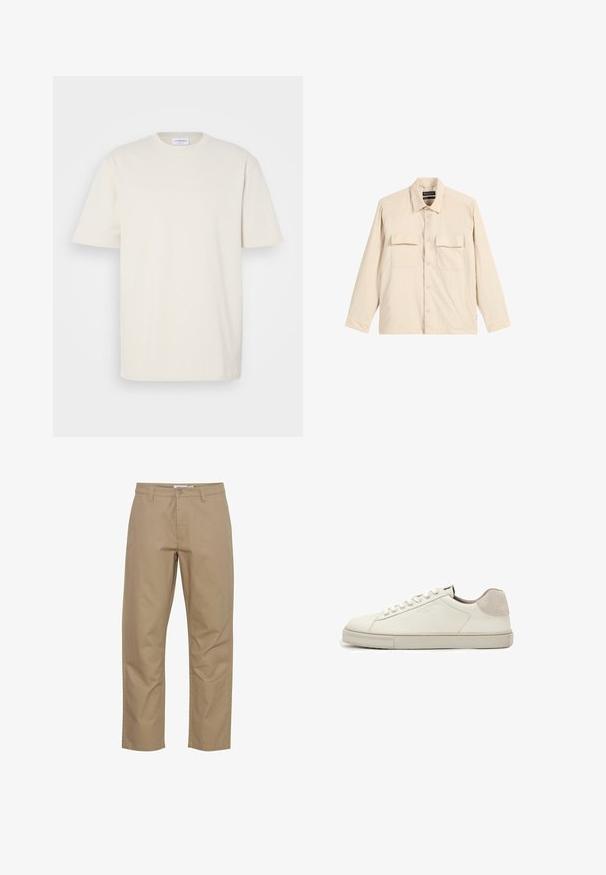 Beige langärmliges Hemd aus weichem Stoff mit Kragen, zwei Brusttaschen und Knopfverschluss. Hat ein lässiges Design mit lockerem Schnitt.; Kurzarm-T-Shirt in Off-Weiß, aus Baumwolle gefertigt. Klassisches Rundhalsdesign mit geradem Schnitt und minimalen Nähdetails.; Beige Baumwollhose mit geradem Bein, ausgestattet mit einem vorderen Knopf- und Reißverschluss, Seitentaschen und einem sauberen Finish.; Weißer Sneaker aus Leder in niedriger Ausführung mit weißen Schnürsenkeln, leicht strukturierter Sohle und hellgrauem Wildleder-Fersenpatch, Seitenansicht.