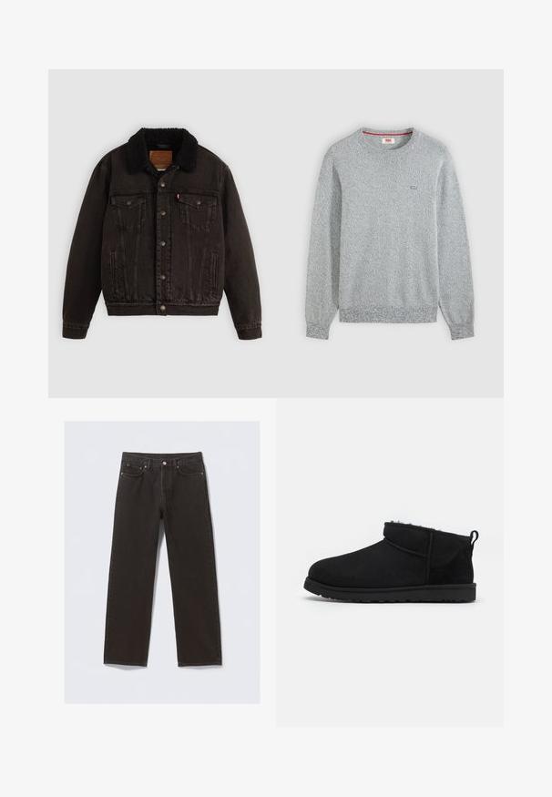 Sort denimjakke med sherpa-fór i kraven, forlommer og metalknapper. Har et klassisk design og struktureret materiale.; Lysegrå tekstureret strik crewneck sweater med lange ærmer og en lille Levi's-logo på venstre bryst.; Svarte denimjeans med straight-leg design, fem lommer og kobberfarvet syning. Glat tekstur, klassisk knaplukning i taljen.; Sorte ruskind ankelstøvler med en blød, tekstureret foring, lavprofilgummi sål og en løkke bagpå for nem påtagning.