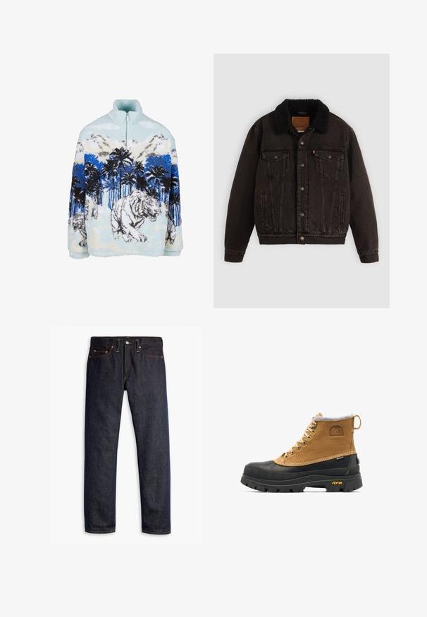 Sort denimjakke med sherpa-fór i kraven, forlommer og metalknapper. Har et klassisk design og struktureret materiale.; Fleece pullover med høj krave, der har et blåt og hvidt tigermotiv blandt palmer og bjerge. Blød, fyldig tekstur.; Mørkeblå denimjeans med lige pasform, fem-lomme design, kobbernitter, gul syning og et markant struktureret stof.; Brun og sort isoleret snørestøvle til vinter med gummisål og Vibram-mønster, med Sorel- og Gore-Tex-logoer.