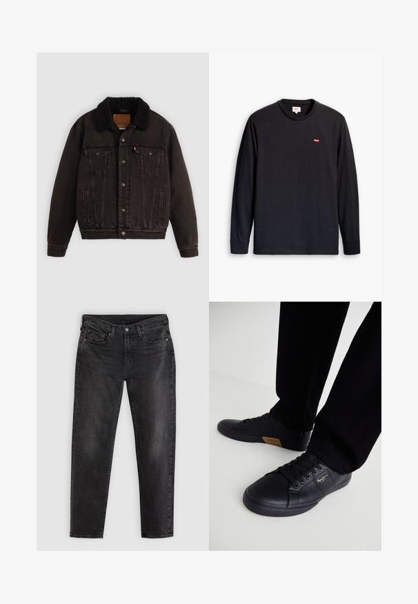 Chaqueta de mezclilla negra con cuello forrado en sherpa, bolsillos frontales y botones metálicos. Presenta un diseño clásico y un material texturizado.; Camiseta negra de manga larga, confeccionada en algodón. Tiene un escote redondo y un pequeño logo rojo en el pecho. Textura suave, ajuste estándar.; Vaqueros negros de pierna recta con cierre de botones, bolsillos delanteros y presillas para cinturón, mostrados extendidos sobre un fondo gris claro.; Zapatillas de cuero negro con un diseño elegante, que presentan una superficie texturizada, punta redonda y cordones negros. Detalle del logo en dorado en el lateral.