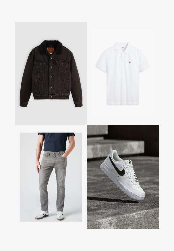 Zwarte denim jas met een sherpa-gefôrdede kraag, voorzakken en metalen knopen. Bevat een klassiek ontwerp en gestructureerd materiaal.; Witte polo shirt van katoen. Voorzien van een drie-knopen sluiting, korte mouwen en een klein rood Levi's logo op de linkerborst.; Man draagt grijze slim-fit jeans, witte sneakers met zwarte strepen en een donkerblauw shirt met korte mouwen, staand met één hand in de zak.; Witte Nike Air Force 1 sneaker met zwarte swoosh, veters gestrikt, zwevend in de lucht boven een gestructureerd betonnen oppervlak buiten.
