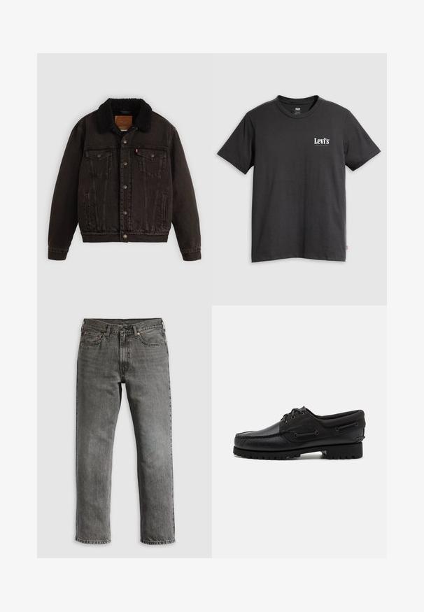 Schwarze Jeansjacke mit einem mit Sherpa gefütterten Kragen, Fronttaschen und Metallknöpfen. Hat ein klassisches Design und ein strukturiertes Material.; Schwarzes Baumwoll-T-Shirt mit kurzen Ärmeln, Rundhalsausschnitt und weißem "Levi's"-Logo auf der linken Brust. Weiche Textur, legerer Schnitt.; Graue Jeans aus Denim mit geradem Bein, ausgestattet mit fünf Taschen, kupfernen Nieten und sichtbaren Nähten. Klassisches Design mit Reißverschluss.; Schwarzer Schuh mit einem Obermaterial aus Leder, textilen Akzenten, runden Schnürsenkeln und einer strukturierten Gummisohle. Verfügt über Mokassin-Nähte und eine Markeninschrift.