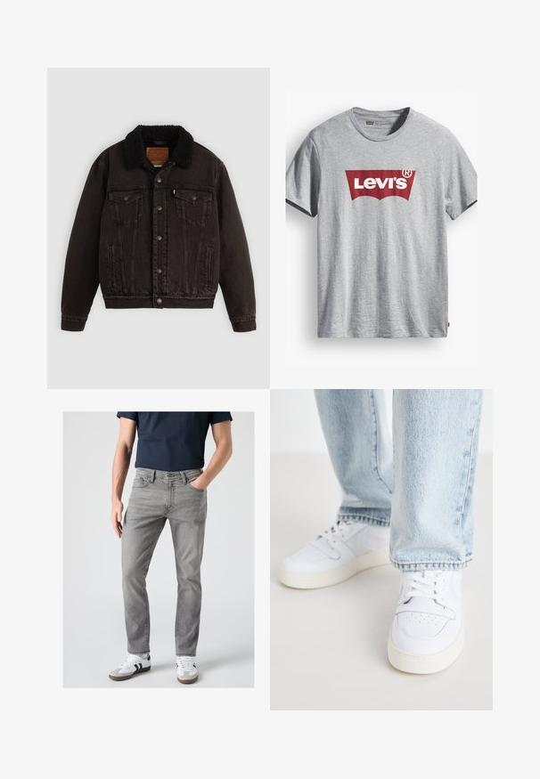 Zwarte denim jas met een sherpa-gefôrdede kraag, voorzakken en metalen knopen. Bevat een klassiek ontwerp en gestructureerd materiaal.; Grijze katoenen t-shirt met een rood Levi's-logo in een gebogen ontwerp. Korte mouwen, ronde hals en een etiket aan de onderlinkerkant.; Man draagt grijze slim-fit jeans, witte sneakers met zwarte strepen en een donkerblauw shirt met korte mouwen, staand met één hand in de zak.; Witte leren lage sneakers met geperforeerde neus, platte veters en een minimalistisch ontwerp. Gecombineerd met lichtblauwe denim jeans.