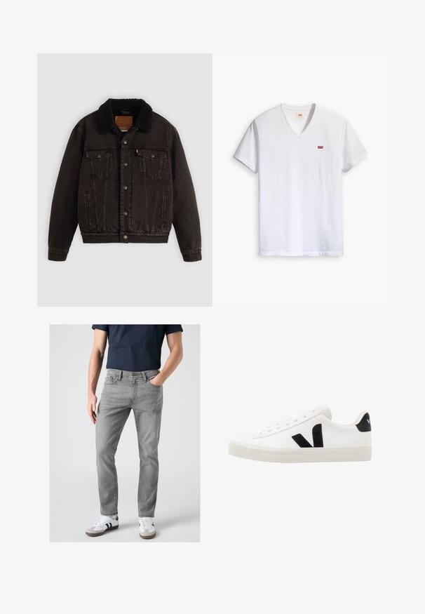 Schwarze Jeansjacke mit einem mit Sherpa gefütterten Kragen, Fronttaschen und Metallknöpfen. Hat ein klassisches Design und ein strukturiertes Material.; Weißes Baumwoll-V-Ausschnitt-T-Shirt mit kurzen Ärmeln und kleinem roten Levi's-Logo auf der Brust. Weicher Stoff, lässiges Design.; Mann trägt graue Slim-Fit-Jeans, weiße Sneaker mit schwarzen Streifen und ein dunkelblaues kurzärmeliges Hemd, steht mit einer Hand in der Tasche.; Weiße Leder-Sneaker mit schwarzen Wildlederelementen; verfügen über eine Gummisohle, eine runde Spitze und ein klassisches Schnürdesign. Seitliches Logo in Schwarz.