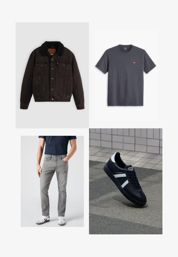 Schwarze Jeansjacke mit einem mit Sherpa gefütterten Kragen, Fronttaschen und Metallknöpfen. Hat ein klassisches Design und ein strukturiertes Material.; Graues Rundhals-T-Shirt aus Baumwolle, mit kurzen Ärmeln und einem kleinen roten Markenlogo auf der oberen linken Brust. Weicher Stoff, klassischer Schnitt.; Mann trägt graue Slim-Fit-Jeans, weiße Sneaker mit schwarzen Streifen und ein dunkelblaues kurzärmeliges Hemd, steht mit einer Hand in der Tasche.; Schwarze Leder-Sneaker mit weißen Streifen, strukturiertem Gummisohle und Schnürung. Verfügt über ein Markenetikett auf der Zunge.