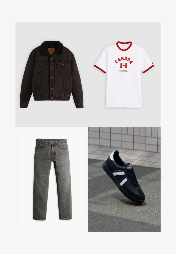 Veste en denim noire avec un col en sherpa, poches avant et boutons en métal. Présente un design classique et un matériau texturé.; T-shirt blanc à manches courtes avec col rouge et bords de manches rouges, comportant le texte « CANADA », un drapeau rouge à feuille d’érable et le logo Levi’s en dessous.; Jean en denim gris avec une coupe droite, style classique à cinq poches et des détails de couture subtils sur les coutures et les poches.; Sneaker en cuir noir avec des rayures blanches, semelle en caoutchouc texturée et devant à lacets. Présente une étiquette de marque sur la languette.