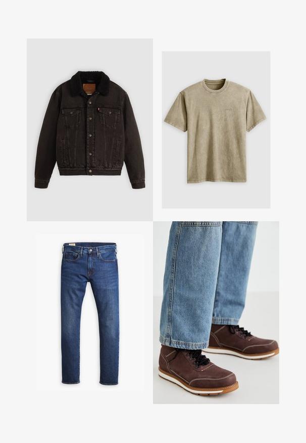 Sort denimjakke med sherpa-fór i kraven, forlommer og metalknapper. Har et klassisk design og struktureret materiale.; Lysbrun, kortærmet t-shirt med rund hals, lavet af blødt stof. Har et lille, broderet logo på brystet.; Blå denimbukser med lige ben, der har fem lommer, en knap- og lynlåsgylp, samt kontrastfarvet guldstikning.; Brune lædersko med sorte snørebånd, hvid syning og gummisål. Bæres sammen med lyseblå denim jeans i en let løs pasform.