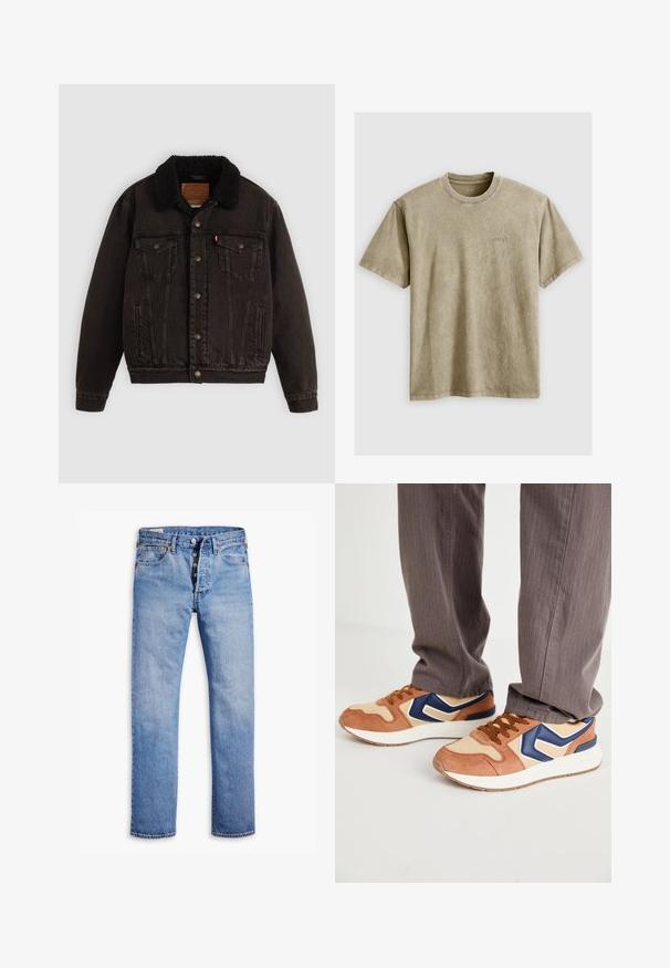 Veste en denim noire avec un col en sherpa, poches avant et boutons en métal. Présente un design classique et un matériau texturé.; T-shirt marron clair à manches courtes avec un col rond, fabriqué en tissu doux. Présente un petit logo brodé sur la poitrine.; Jeans en denim bleu clair avec une coupe droite, une fermeture à cinq boutons, des passants de ceinture et un délavage subtil. Dispose de deux poches avant et de rivets en cuivre.; Baskets mêlant suède beige et matériau synthétique crème, avec un accent bleu et une semelle texturée ; lacets marron ; portées avec un pantalon gris rayé.