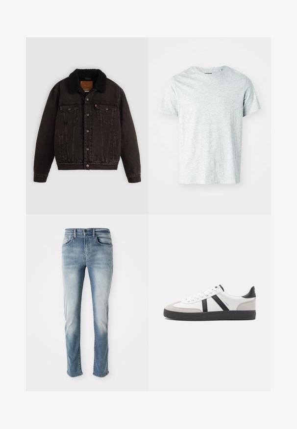 Veste en denim noire avec un col en sherpa, poches avant et boutons en métal. Présente un design classique et un matériau texturé.; T-shirt gris clair à manches courtes en tissu doux, avec un col rond et une coupe légèrement décontractée. Aucun motif ou graphique visible.; Jeans en denim bleu clair avec un design classique à cinq poches, une décoloration subtile et une coupe droite. Comprend une fermeture à bouton et des passants de ceinture.; Baskets blanches avec des accents noirs et gris, présentant un embout texturé gris, une semelle en caoutchouc noir et des lacets plats blancs. Design épuré, style minimaliste.