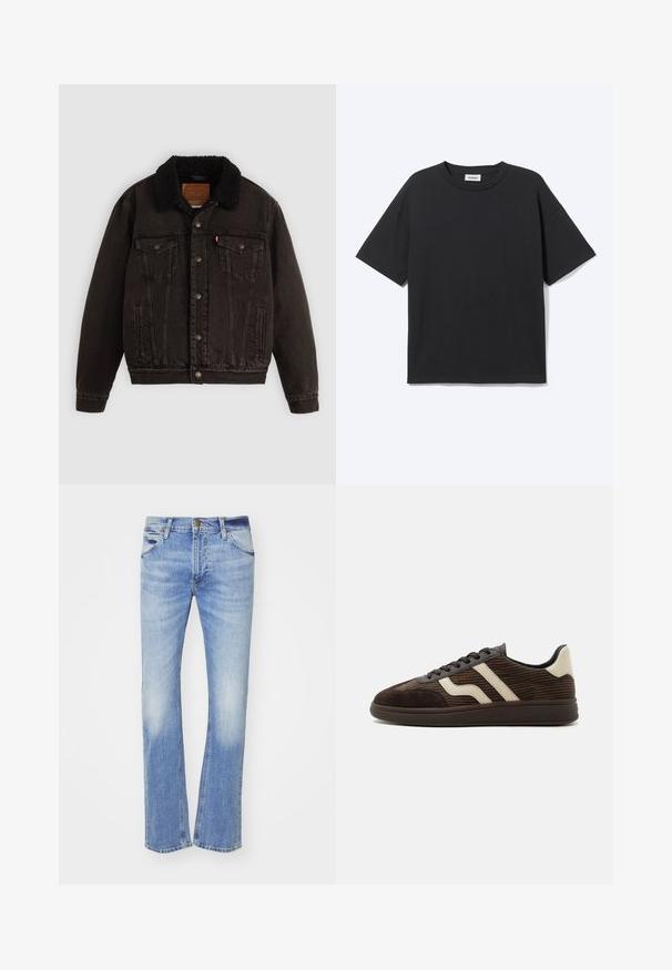 Mustha denim jope, mille on sherpa vooder kaeluses, ees taskud ja metallnupud. Omab klassikalist disaini ja tekstureeritud materjali.; Must lühikeste varrukatega T-särk ümara kaelusega ja lõdva sobivusega, esiküljelt, lihtsa disainiga ja nähtava Weekday kaubamärgi sildi sisekraes.; Heledad sinine denimipüksid sirge säärekujundusega, millel on esiosal fading, klassikaline viie tasku stiil ning tõmblukuga nupuga sulgemine.; Tumepruun seemisnahast ja fliisidest toss koos beežide küljeribadega, eespaelutusega ja tekstureeritud kummist tallaga, näidatud küljelt valgel taustal.