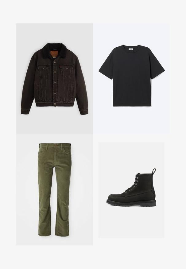 Sort denimjakke med sherpa-fór i kraven, forlommer og metalknapper. Har et klassisk design og struktureret materiale.; Sort T-shirt med korte ærmer og rund hals med afslappet pasform, forfra, ensfarvet design og synligt Weekday-mærke inde i kraven.; Olivengrønne fløjlsbukser med forlommer, bæltestropper, knaplukning og let udvidelse ved benåbningerne.; Sorte læder ankelstøvler med rund tå, snørebånd, metaløjer og en struktureret gummisål. Har en dekorativ træksløjfe.