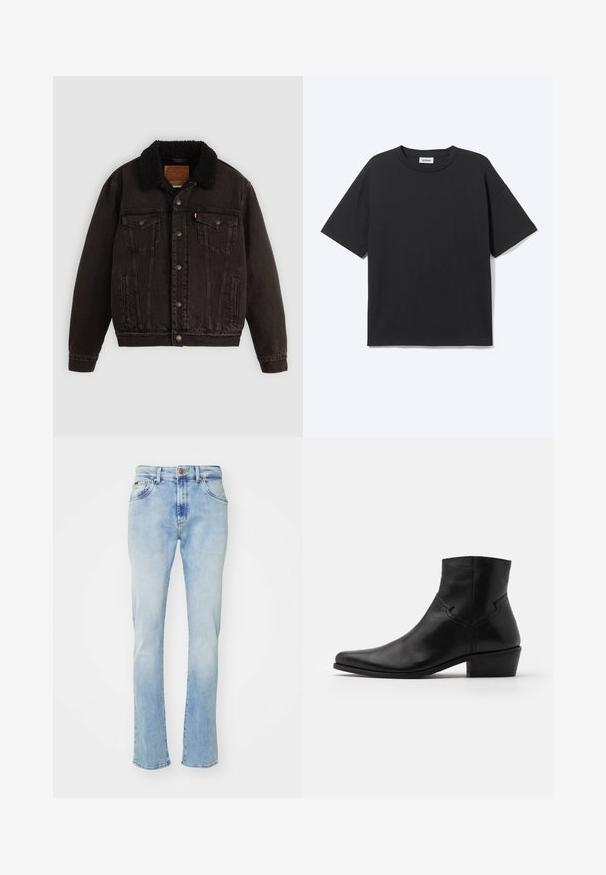Sort denimjakke med sherpa-fór i kraven, forlommer og metalknapper. Har et klassisk design og struktureret materiale.; Sort T-shirt med korte ærmer og rund hals med afslappet pasform, forfra, ensfarvet design og synligt Weekday-mærke inde i kraven.; Lyseblå denim jeans med lige pasform, der har fem lommer, knaplukning og subtil falming ved lårene og kanten.; Sort læder ankelstøvle med spids tå, minimale syninger, en mellem-høj blokhælt og en glat, poleret finish.