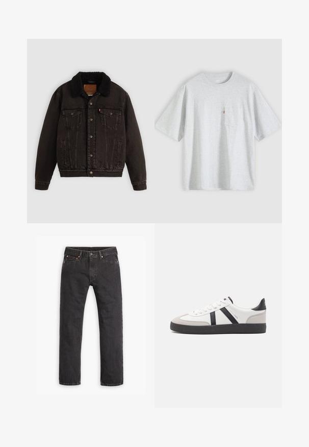 Veste en denim noire avec un col en sherpa, poches avant et boutons en métal. Présente un design classique et un matériau texturé.; T-shirt gris clair à manches courtes avec un col rond et une petite poche poitrine sur le côté gauche avec une étiquette rouge.; Jeans en denim noirs à jambes droites avec cinq poches, fermeture à bouton et rivets cuivrés, posés à plat sur un fond blanc.; Baskets blanches avec des accents noirs et gris, présentant un embout texturé gris, une semelle en caoutchouc noir et des lacets plats blancs. Design épuré, style minimaliste.