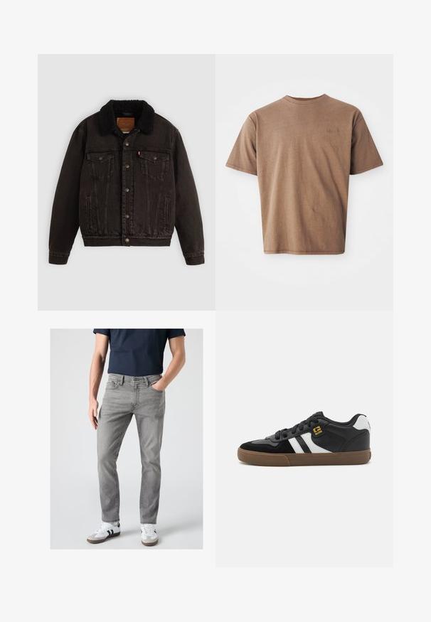 Sort denimjakke med sherpa-fór i kraven, forlommer og metalknapper. Har et klassisk design og struktureret materiale.; Brun bomulds t-shirt med rund hals, korte ærmer og et diskret broderet logo på venstre brystområde. Glat tekstur, afslappet pasform.; Mand iført grå slim-fit jeans, hvide sneakers med sorte striber og en mørkeblå kortærmet skjorte, står med den ene hånd i lommen.; Sorte og hvide sneakers med overdel i ruskind og læder, der har hvide striber, sorte snørebånd og en brun gummisål. Guld logo detaljer.