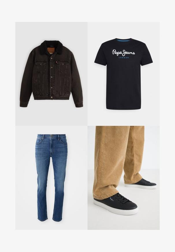 Sort denimjakke med sherpa-fór i kraven, forlommer og metalknapper. Har et klassisk design og struktureret materiale.; Sort bomulds T-shirt med et hvidt skriftskriftlogo "Pepe Jeans" med en blå accent, rund hals og korte ærmer. Enkel, ensfarvet design.; Blå denim jeans med lige snit, fem lommer og lynlås. Har subtle farvefading og kontraststing langs sømmene.; Sorte lædersneakers med hvide gummisåler. Båret med tanfarvede corduroybukser med vertikale ribber og en afslappet pasform.