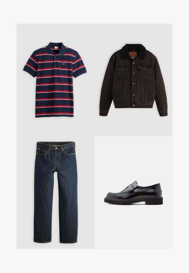 Mustha denim jope, mille on sherpa vooder kaeluses, ees taskud ja metallnupud. Omab klassikalist disaini ja tekstureeritud materjali.; Tumesinine polo särk, millel on punased ja valged horisontaalsed triibud, kolme nupuga kaelus ja väike Levi'si logo rindadel. Pehme puuvillane materjal.; Tumesinised teksapüksid sirge lõikega. Omavad viit taskut, kontrastset õmblust ning taljes nööpkinnitust.; Must have nahkaste slip-on kingad, millel on voolujooneline disain, ümar nina ja paks tekstureeritud kummist põhi. Ees on dekoratiivne rihm.