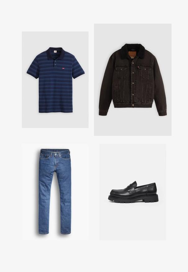 Schwarze Jeansjacke mit einem mit Sherpa gefütterten Kragen, Fronttaschen und Metallknöpfen. Hat ein klassisches Design und ein strukturiertes Material.; Navyblaues Polohemd mit horizontalen Streifen, kurzen Ärmeln, Kragen und einer Drei-Knopf-Leiste. Es hat ein kleines Logo auf der Brust.; Denim-Jeans in einer mittelblauen Waschung mit geradem Bein, ausgestattet mit fünf Taschen, einem Knopf- und Reißverschluss und subtilen Stichakzenten.; Schwarzer Lederloafer mit dicker, profilierter Sohle und Pennyriemen-Detail, von der rechten Seitenansicht auf weißem Hintergrund gezeigt.
