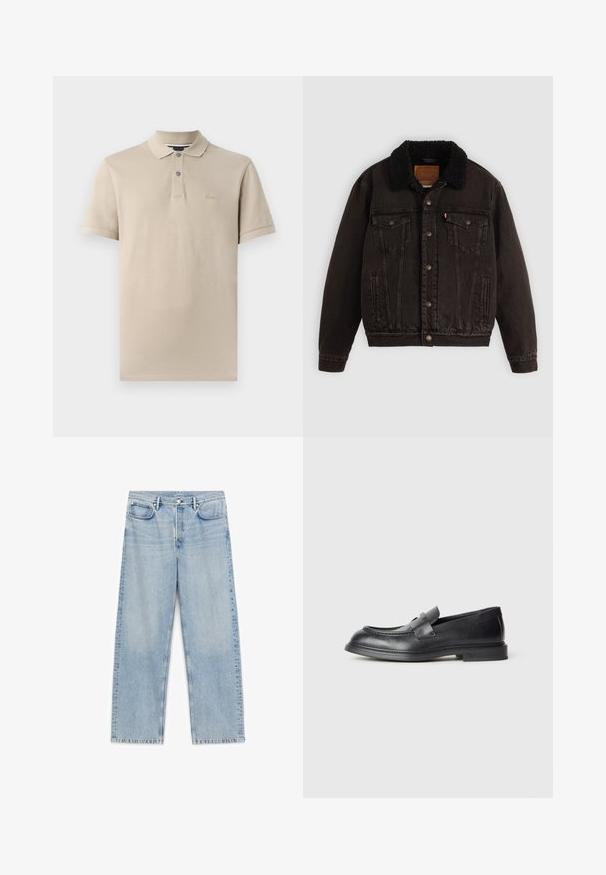 Mustha denim jope, mille on sherpa vooder kaeluses, ees taskud ja metallnupud. Omab klassikalist disaini ja tekstureeritud materjali.; Beige puuvillane polosärk, klassikalise kraega, kahe nööbiga lukuga ja diskreetse logo tikandiga rinnal. Lühikesed varrukad.; Hele sinised sirge säärega teksad, millel on ees- ja tagataskud, vööaasad ning nööbi ja tõmblukuga kinnis.; Mustad nahast mokassiinid tekstuurse viimistlusega, ees kaunistava sangaga ja ümarate ninadega. Kita on kummist, et tagada vastupidavus.