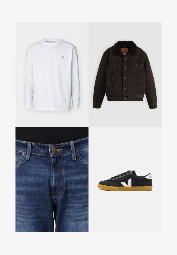 Zwarte denim jas met een sherpa-gefôrdede kraag, voorzakken en metalen knopen. Bevat een klassiek ontwerp en gestructureerd materiaal.; Witte lange mouwen t-shirt van katoen. Voorzien van een klein gouden logo op de borst en een ronde hals. Eenvoudig ontwerp en standaard pasvorm.; Blauwe spijkerbroek van denim met knoopsluiting aan de voorkant, riemlussen, koperen klinknagels en oranje stikseldetails.; Zwarte canvas sneakers met een suède neuuskap, witte logo-accenten, zwarte veters en een gumrubberen zool. Minimalistisch ontwerp en een lage profiel.