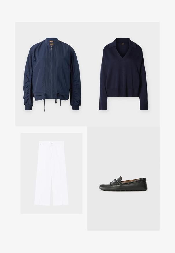 Námornícka bomber bunda z ľahkého materiálu. Obsahuje plný zips, elastické manžety, sťahovaciu spodnú časť a dve predné vrecká. Jednoduchý dizajn.; Tmavomodrý sveter s dlhým rukávom a výstrihom do V, s golierom, rebrovanými manžetami a lemom, zobrazený na bielom pozadí.; Biele nohavice s širokými nohavicami, prednými rozparkami na leme, zapínaním na gombík a zips a úzkym pásom s pútkami na opasok.; Čierne kožené loďové topánky s okrúhlou špičkou, prešitou detailmi, malou mašľou a gumovou podrážkou. Hladká textura a štíhly dizajn.