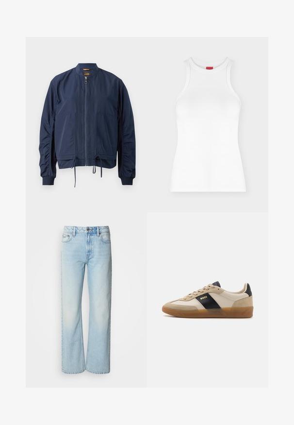 Námornícka bomber bunda z ľahkého materiálu. Obsahuje plný zips, elastické manžety, sťahovaciu spodnú časť a dve predné vrecká. Jednoduchý dizajn.; Biely bezrukávový rebrovaný tanktop s vysokým okrúhlym výstrihom a priliehavým strihom zobrazený na jednoduchom svetlom pozadí.; Svetlomodré široké džínsy vyrobené z denimu, s klasickým päť-pocket dizajnom a jemnou vyblednutou textúrou. Švy z denimu sú viditeľné.; BOSS BRENTA - Tenisky - medium beige