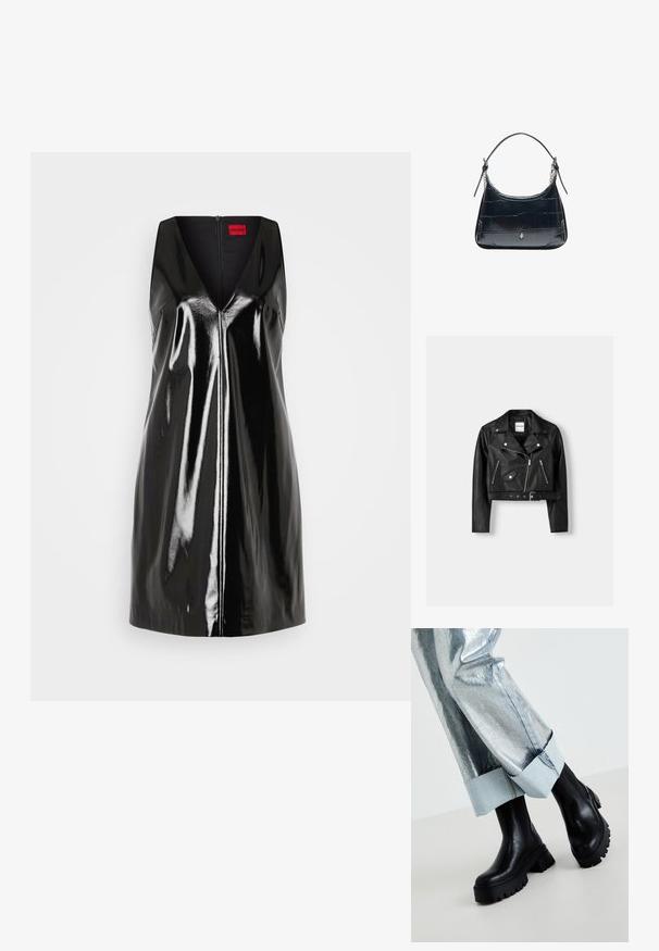 Schwarze Leder-Cropped-Bikerjacke mit silbernen Reißverschlüssen, diagonalen Taschenklappen und einem Gürtel in der Taille. Glatte Textur und spitzer Kragen.; Schwarzes, ärmelloses Kleid mit V-Ausschnitt und glänzend-reflektierender Oberfläche; verfügt über einen zentralen Reißverschluss und ein minimalistisches Design.; Schwarze klobige Knöchelstiefel mit strukturierten Sohlen, getragen mit silbernen metallischen Hosen, die einen hellen Denim-Bund umfassen. Minimalistisches Design, elegante Materialien.; Schwarze Leder-Schultertasche mit Krokodilstruktur und silbernem Verschluss, mit verstellbarem Riemen mit Kettendetails vor weißem Hintergrund.