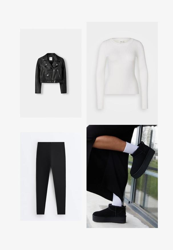 Zwarte leren cropped bikerjack met zilveren ritsen, diagonale zakflappen en een riem op de taille. Soepele textuur en puntige kraag.; Witte lange mouwen geribbelde top met een ronde hals. De stof is soepel, met een subtiele textuur en een aansluitend ontwerp. Geen zichtbare hardware of patronen.; Zwarte nauwsluitende leggings met een hoge taille en gladde stof, plat gelegd tegen een witte achtergrond.; Zwarte suède enkellaarsjes met een platte zool, voorzien van een achterste lus, gedragen met witte enkelsokken tegen een minimalistische achtergrond.
