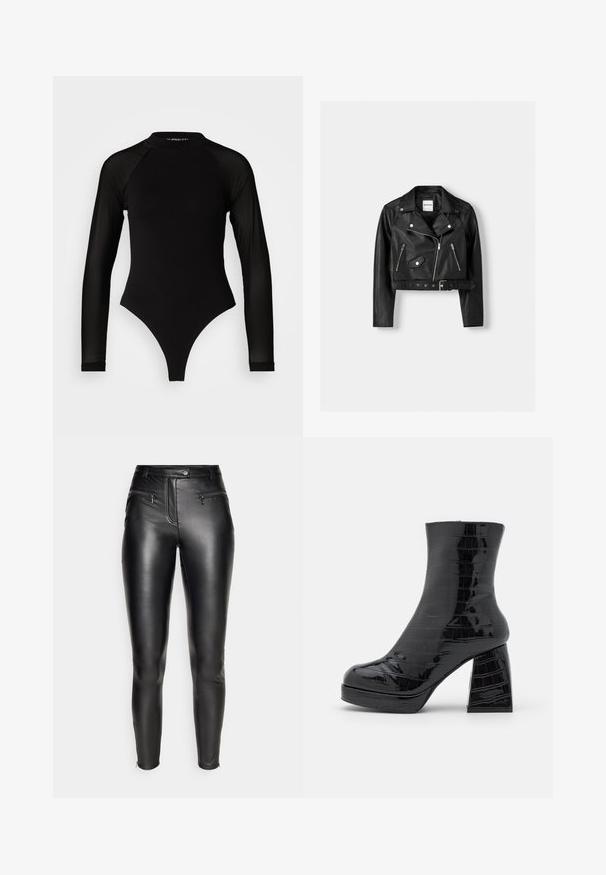 Veste de moto noire en cuir coupée avec des zips en argent, des rabats de poche en diagonale et une ceinture à la taille. Texture lisse et col pointu.; Bodysuit noir à manches longues avec col haut, doté d'un tissu solide sur le torse et de manches en maille transparente, conçu dans une coupe ajustée.; ONLY ONLJENNA ZIP PANT - Pantalon classique - black; Even&Odd by Zalando Bottines à plateau - black
